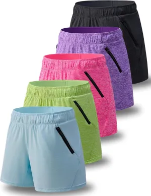 5 Pack: Womens Workout Gym Shorts Casual Lounge Set, Ladies Active Athletic Apparel with Zipper Pockets