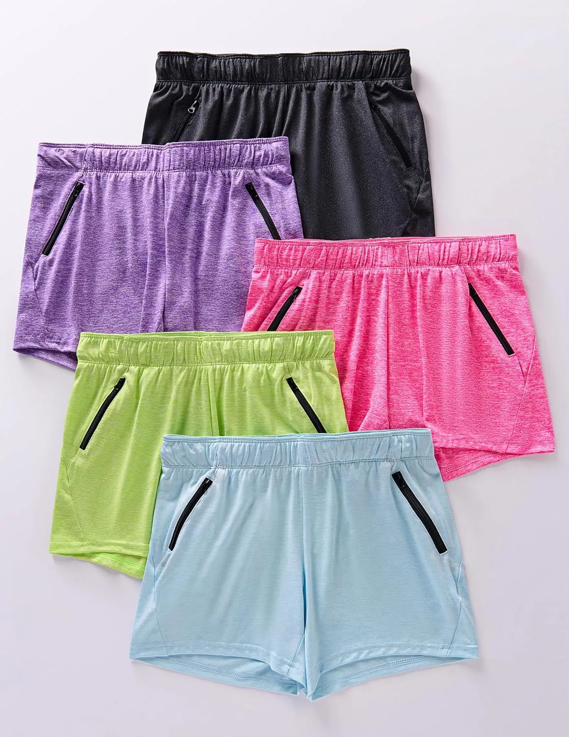 5 Pack: Womens Workout Gym Shorts Casual Lounge Set, Ladies Active Athletic Apparel with Zipper Pockets