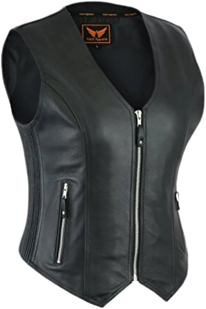 A&H Apparel Womens Bicker Classic Genuine Cowhide Leather Motorcycle Vest side Stretch Panel Gun Pocket Vest