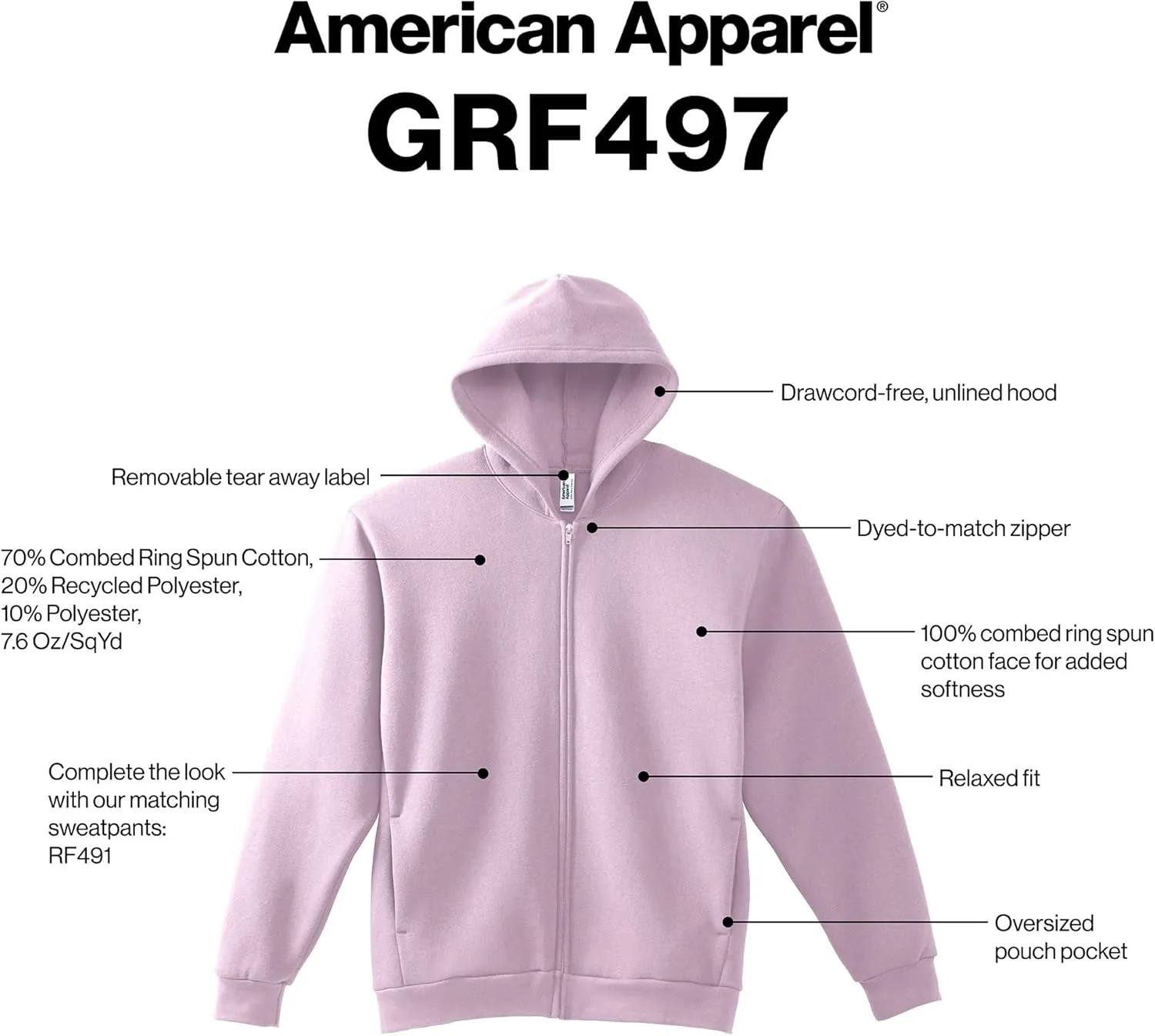 American Apparel Adult ReFlex Fleece Full Zip Hoodie Sweatshirt, GRF497AA