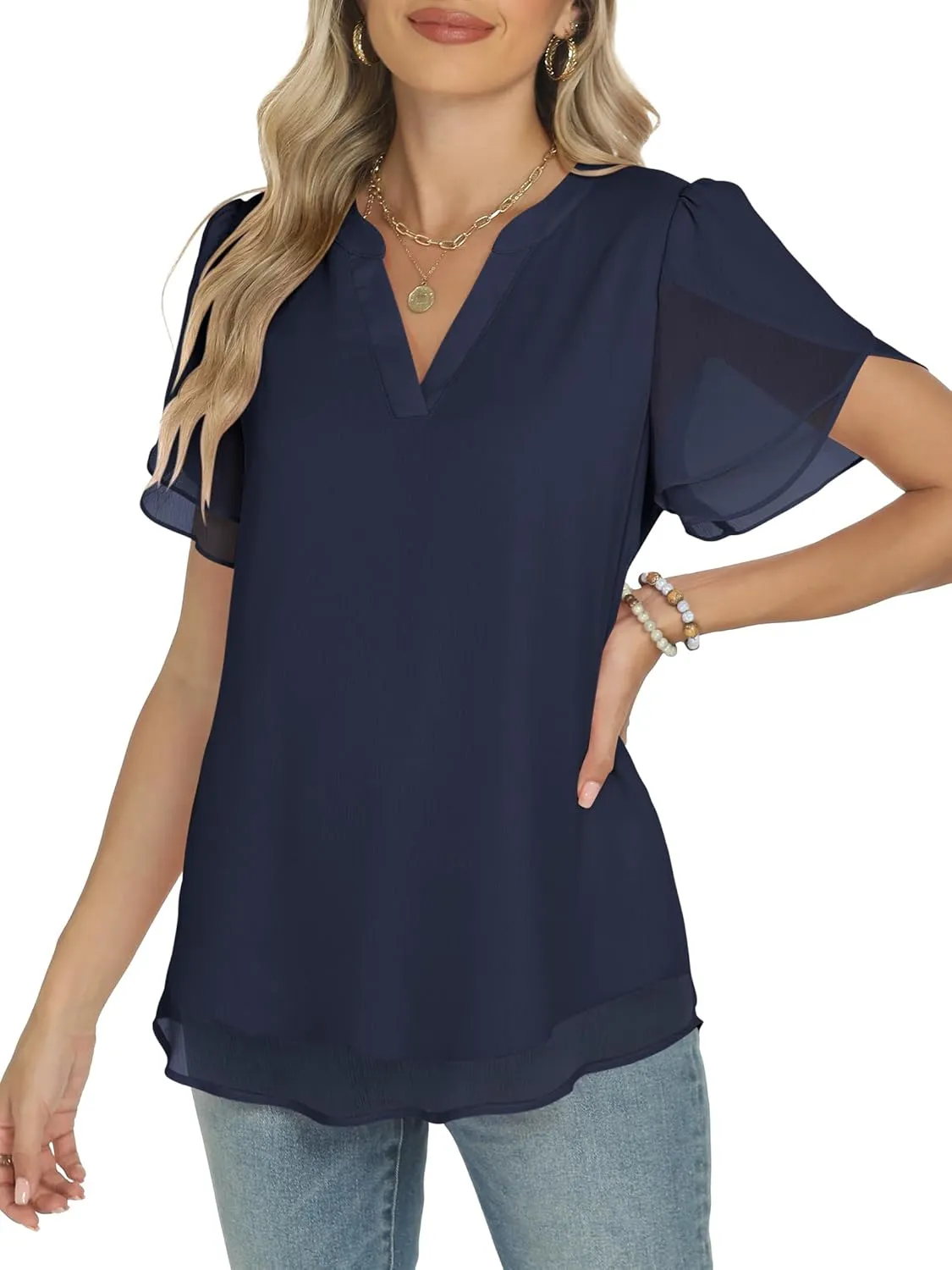 ANRABESS Womens Dressy Casual Blouses Chiffon V Neck Petal Short Sleeve Shirts 2025 Summer Business Work Tops