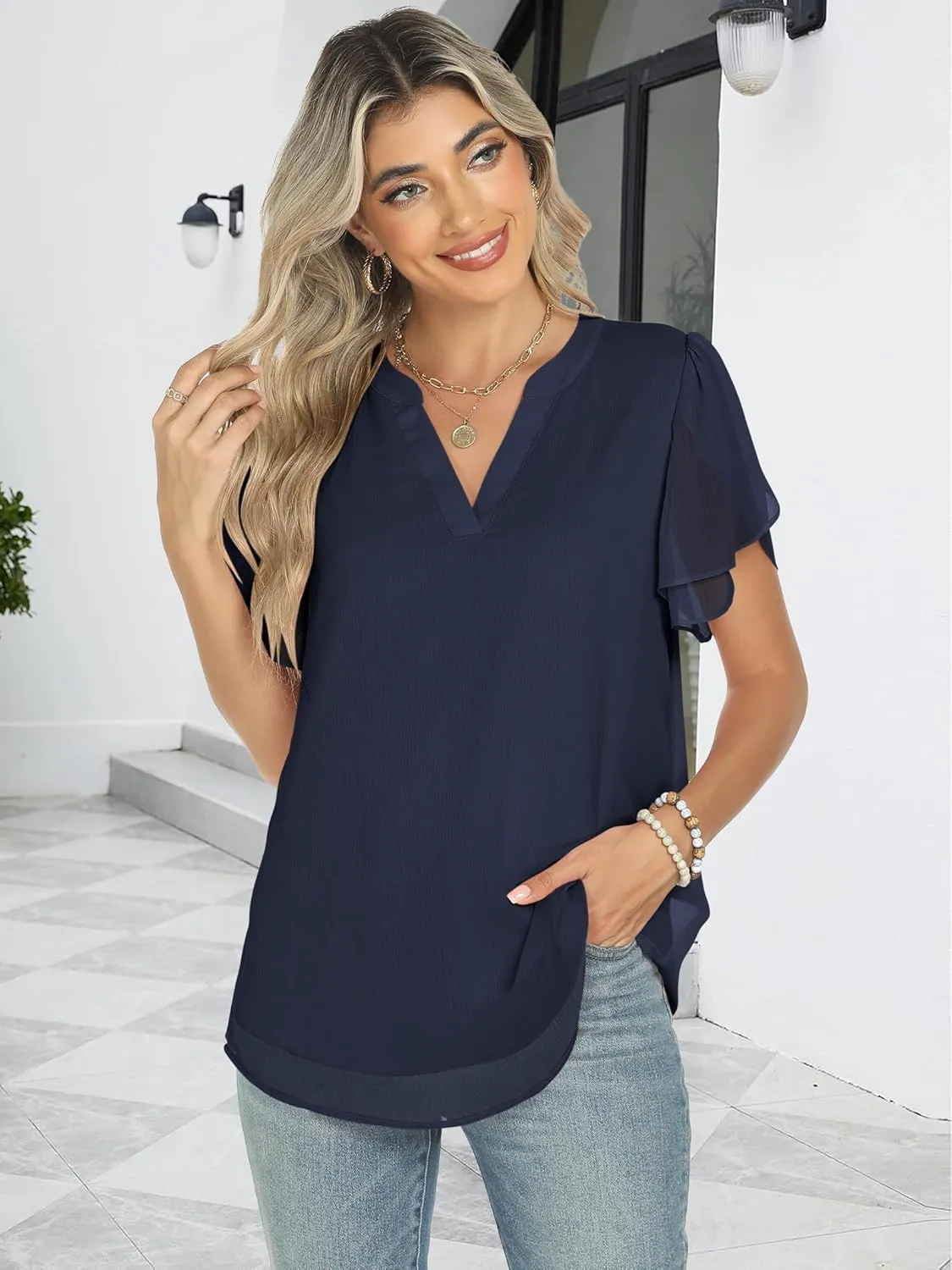 ANRABESS Womens Dressy Casual Blouses Chiffon V Neck Petal Short Sleeve Shirts 2025 Summer Business Work Tops