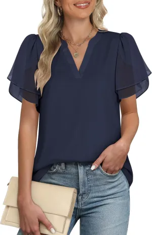 ANRABESS Womens Dressy Casual Blouses Chiffon V Neck Petal Short Sleeve Shirts 2025 Summer Business Work Tops