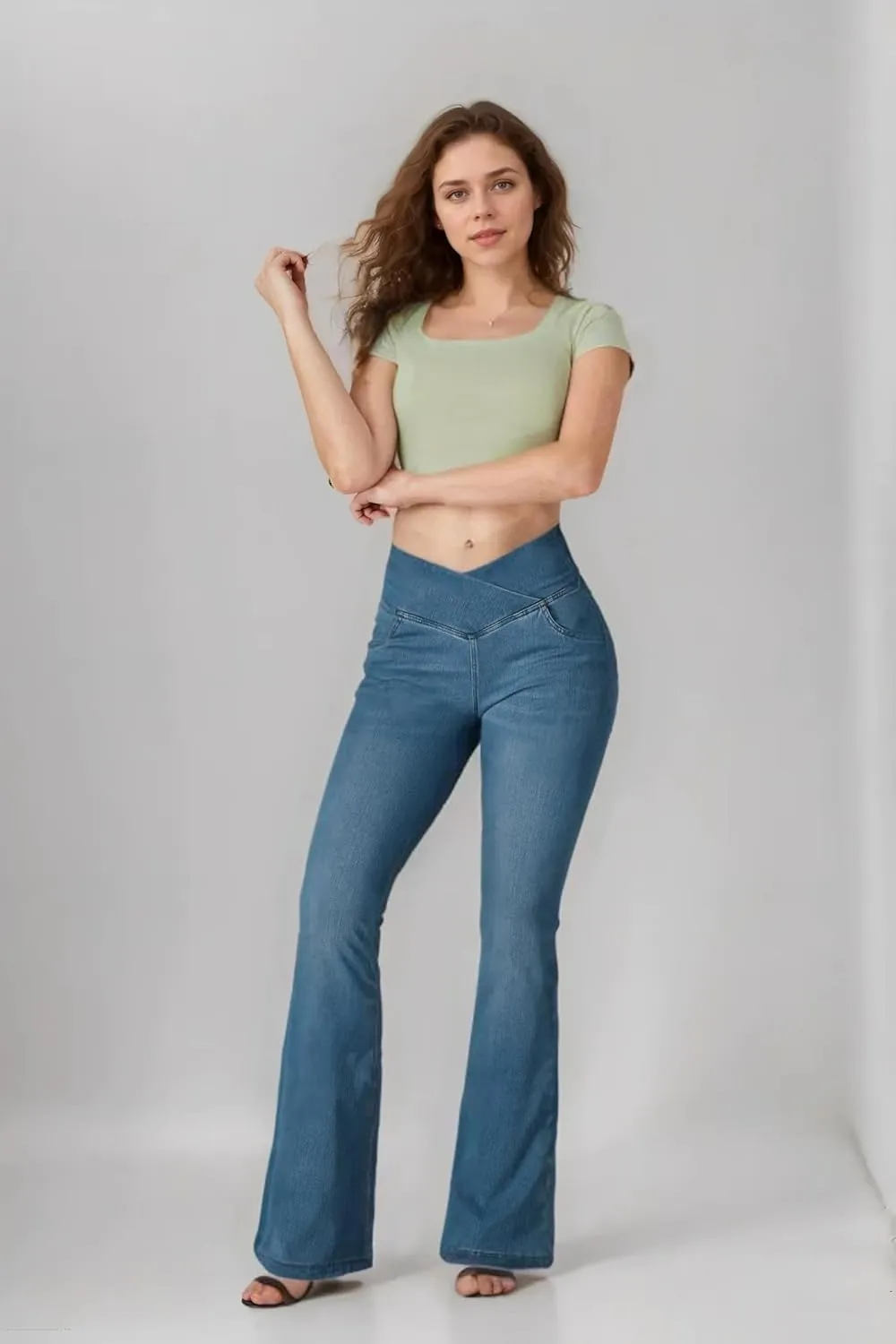 BlueRose Flare Jean Leggings for Women,Bell Bottom Jeans for Women Knit Crossover High Waisted Bootcut Jean