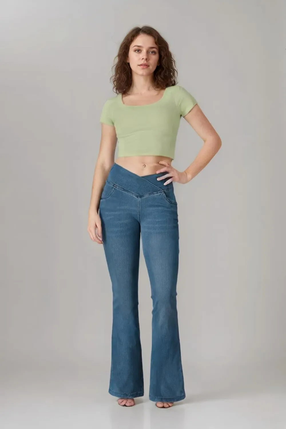 BlueRose Flare Jean Leggings for Women,Bell Bottom Jeans for Women Knit Crossover High Waisted Bootcut Jean