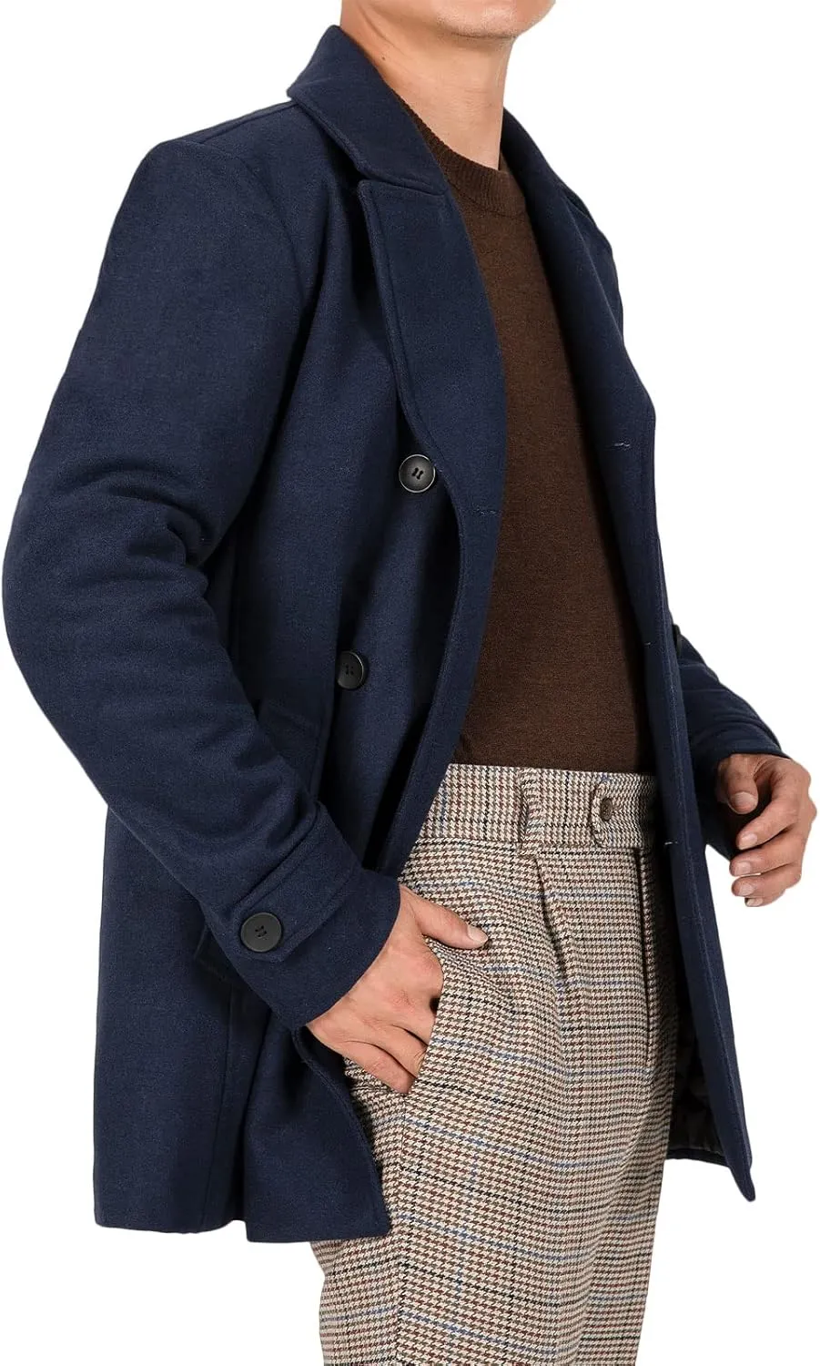 Bonnorth Men's Wool Blend Quilted Lined Double Breasted Pea Coat Winter Warm Classic Notched Collar Overcoat