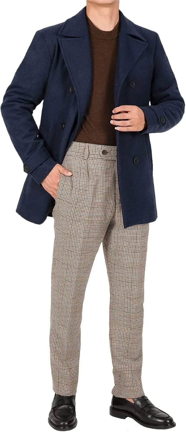Bonnorth Men's Wool Blend Quilted Lined Double Breasted Pea Coat Winter Warm Classic Notched Collar Overcoat