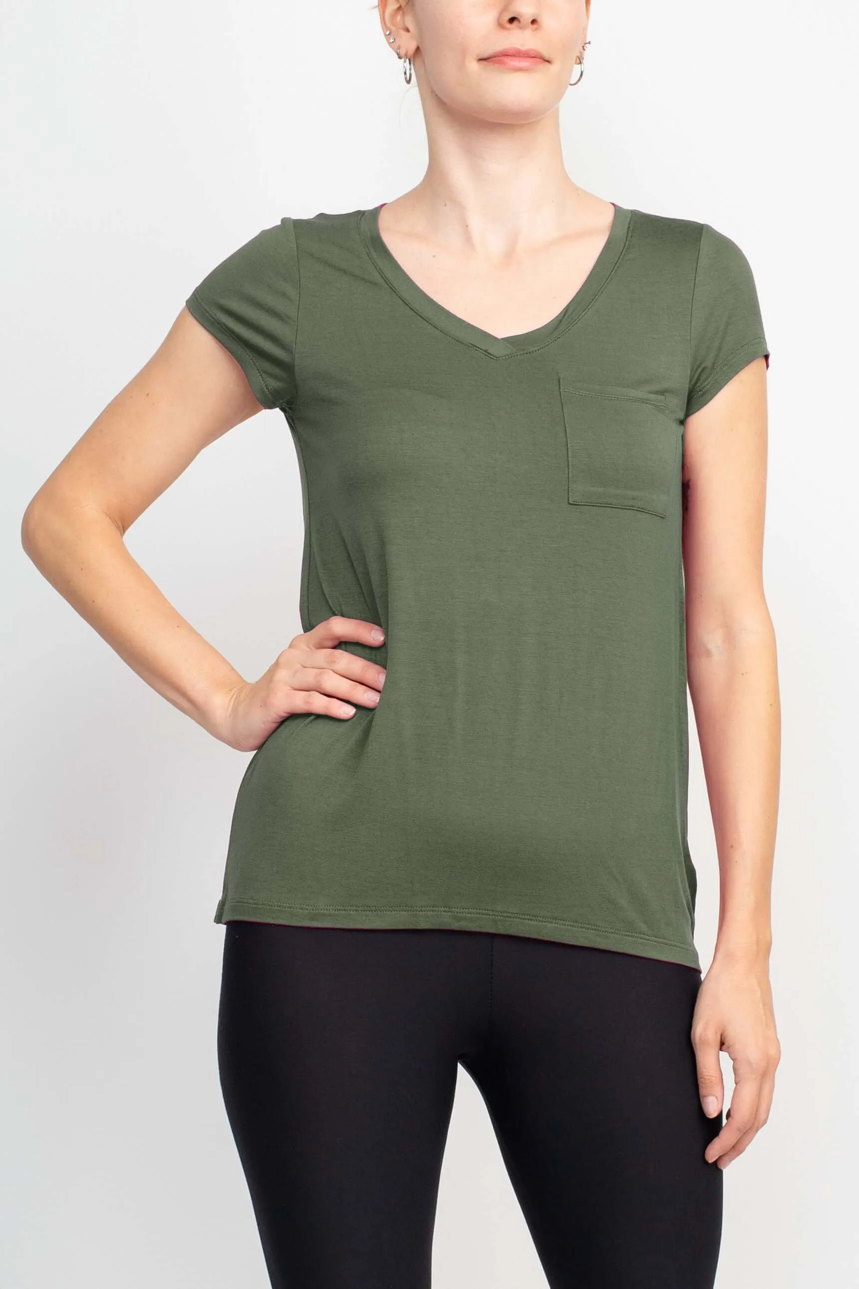 Cable & Guage Scoop Neck Short Sleeve Pocket Solid ITY Top