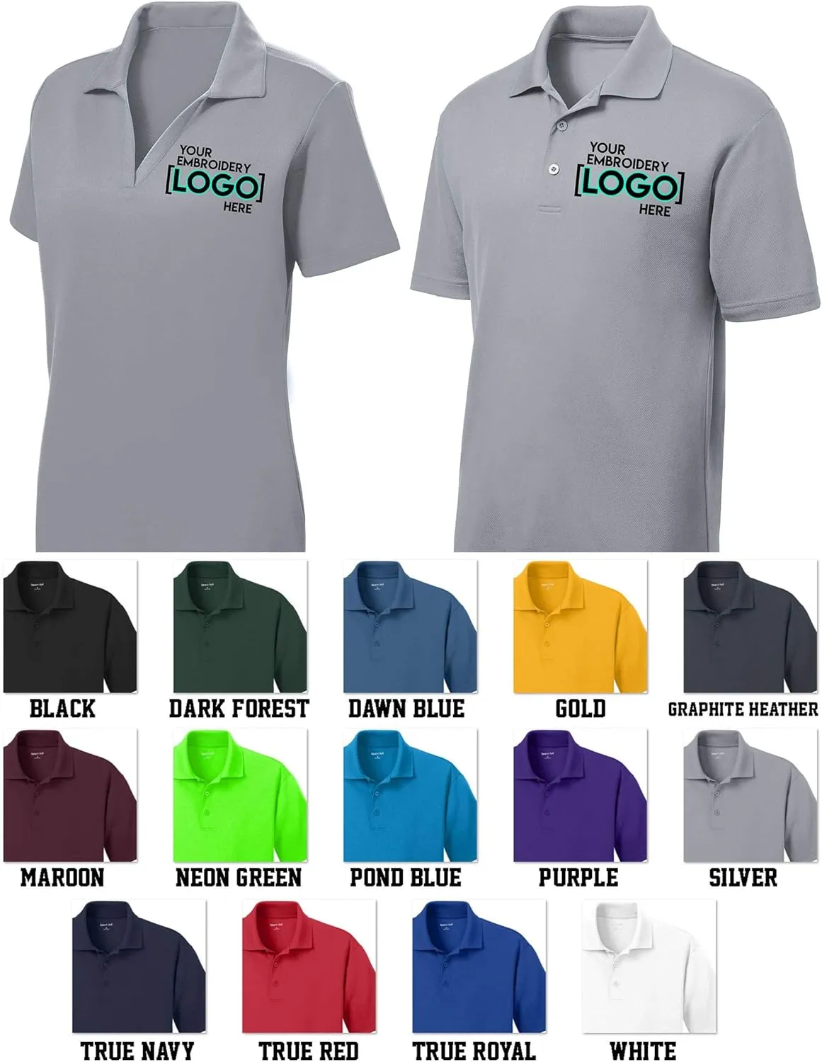 Custom Embroidered Polo Shirts for Women & Men, 5 or 10 Pack - Add Your Logo - Personalized Embroidery Polo Tees