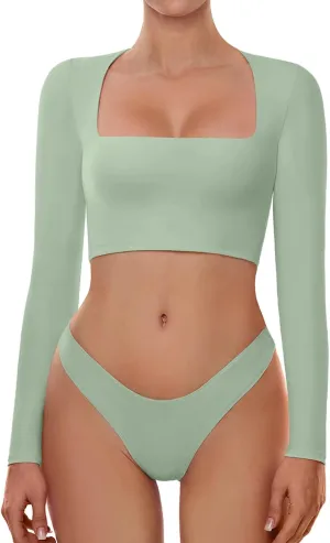 Cyanstyle Women's Sexy Square Neck Crop Tops Double Lined Long Sleeve Y2K Going Out T Shirts