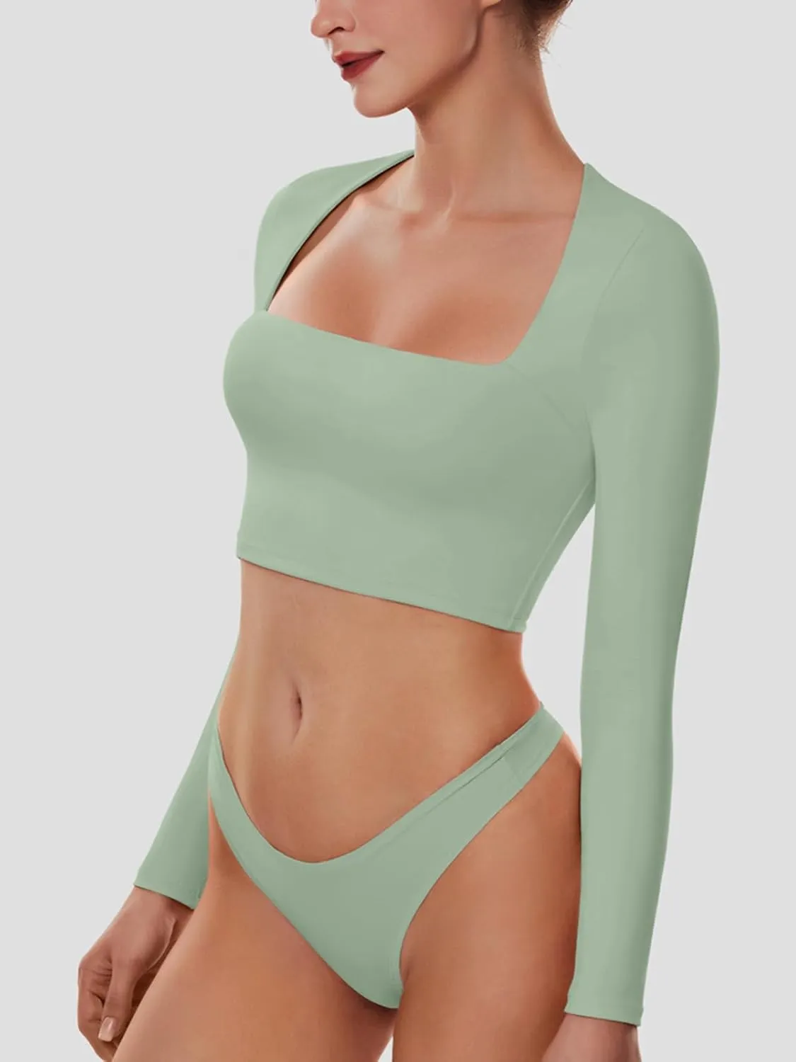 Cyanstyle Women's Sexy Square Neck Crop Tops Double Lined Long Sleeve Y2K Going Out T Shirts