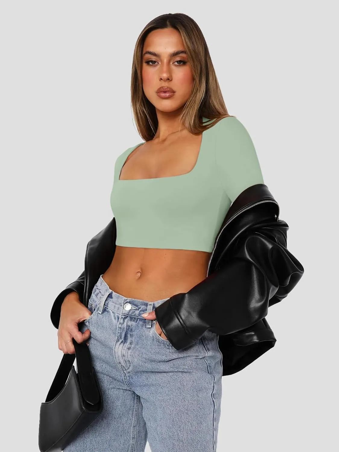Cyanstyle Women's Sexy Square Neck Crop Tops Double Lined Long Sleeve Y2K Going Out T Shirts