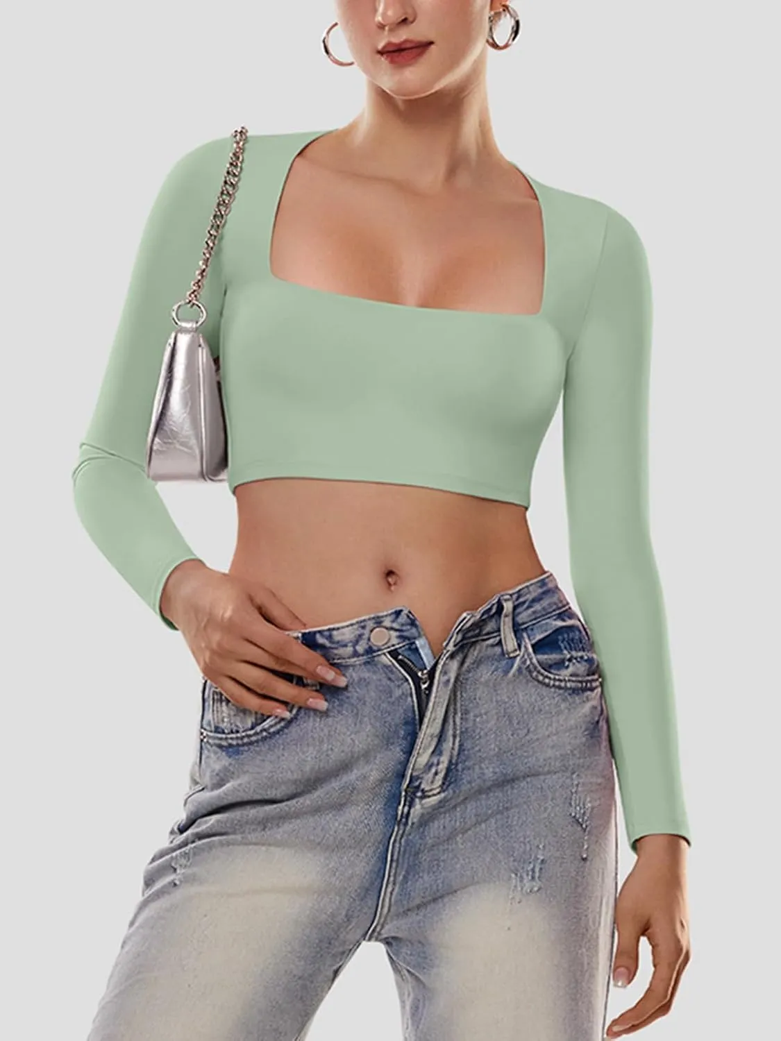 Cyanstyle Women's Sexy Square Neck Crop Tops Double Lined Long Sleeve Y2K Going Out T Shirts