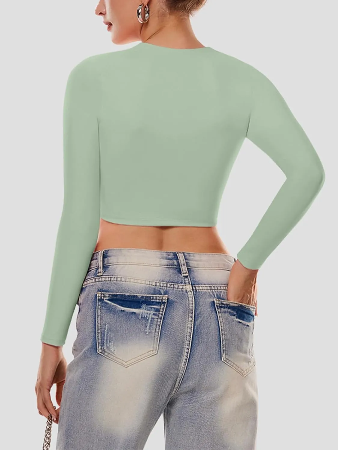 Cyanstyle Women's Sexy Square Neck Crop Tops Double Lined Long Sleeve Y2K Going Out T Shirts