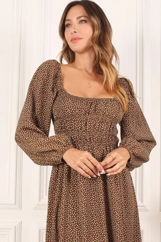 Ditsy Floral Square Neck Puff Sleeve Midi Dress