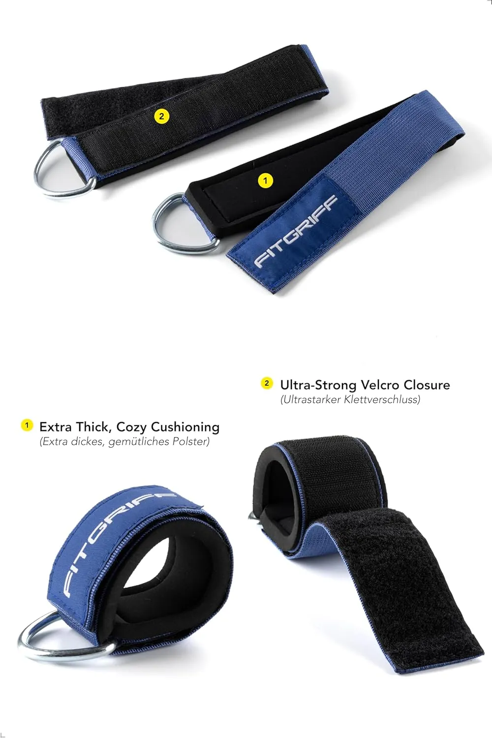 Fitgriff Ankle Straps V2 for Cable Machine (2 Pieces) - Gym Workout Equipment - Leg Pulley Attachment, Kickback Straps