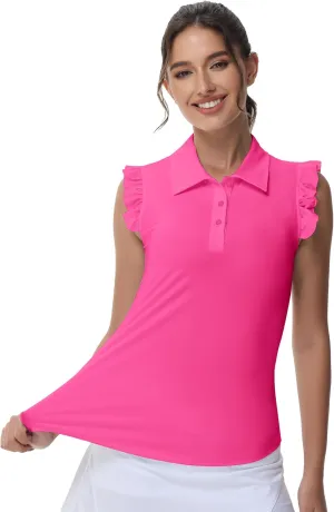 Gloryday Womens Sleeveless Golf Shirt Ruffle Sleeve Polo Shirts Moisture Wicking Golf Apparel Tennis Shirts Golf Tank Tops