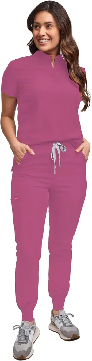 Green Town Scrubs for Women Scrub Set - Slim Fit Jogger Pant and Mandarin Collar Tuck-in Top, Easy Care Uniform