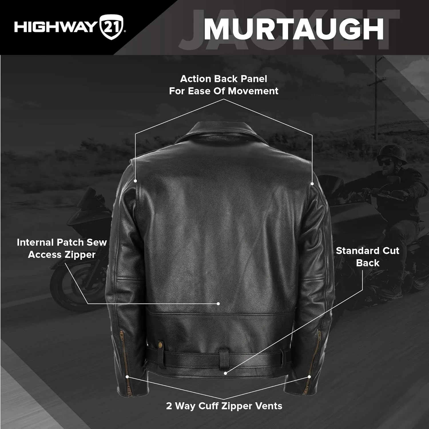 Highway 21 Murtaugh Jacket, Cowhide Leather Riding Gear, Vintage Motorcycle Apparel with Belt, D-Pocket, and Zippers