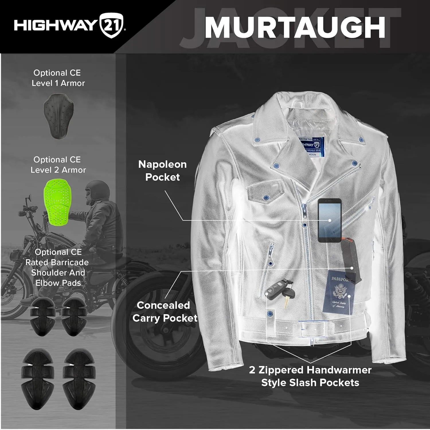 Highway 21 Murtaugh Jacket, Cowhide Leather Riding Gear, Vintage Motorcycle Apparel with Belt, D-Pocket, and Zippers