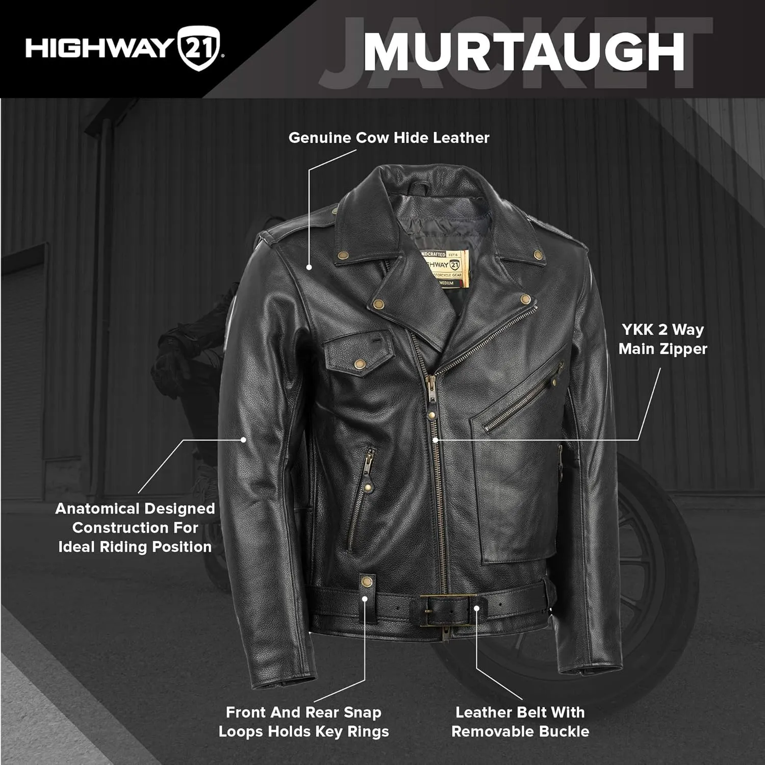 Highway 21 Murtaugh Jacket, Cowhide Leather Riding Gear, Vintage Motorcycle Apparel with Belt, D-Pocket, and Zippers