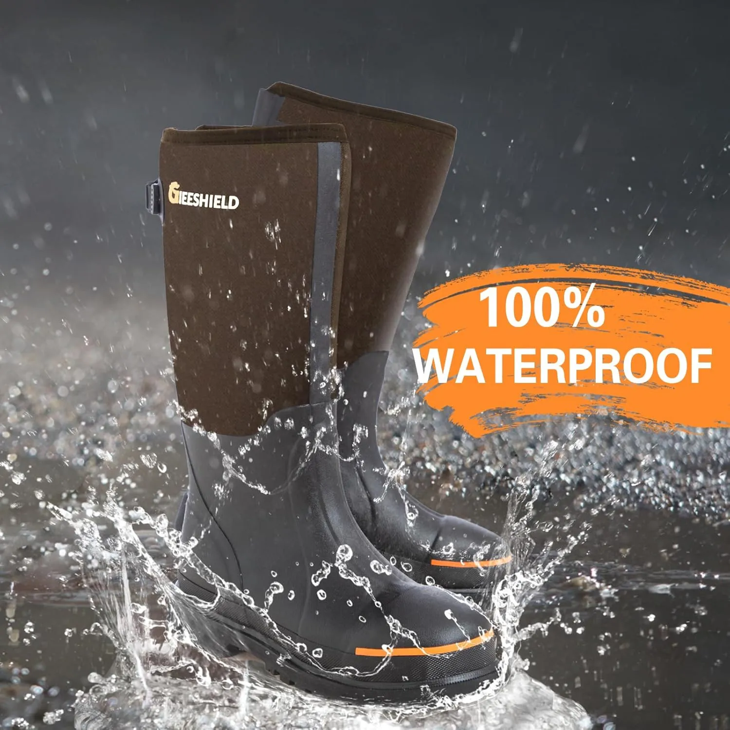 Men's Rubber Work Boots with Steel Toe & Shank, Waterproof & Anti-Slip, 6mm Neoprene, Durable Brown Rubber Boot for Construction, Farming, Manufacturing, Sizes 7-14