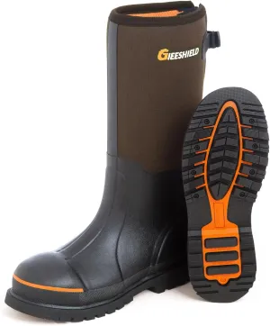 Men's Rubber Work Boots with Steel Toe & Shank, Waterproof & Anti-Slip, 6mm Neoprene, Durable Brown Rubber Boot for Construction, Farming, Manufacturing, Sizes 7-14