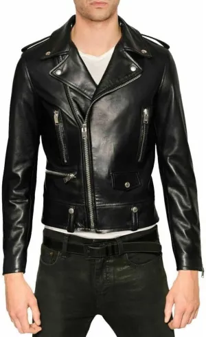Men's Slim Fit Motorcycle Genuine Lambskin Rider Black Leather Jacket Asymmetric Zip Lapel Short Moto Designer Coat