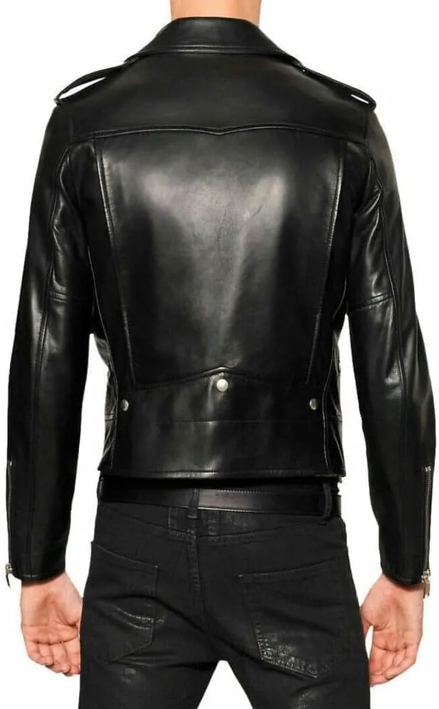 Men's Slim Fit Motorcycle Genuine Lambskin Rider Black Leather Jacket Asymmetric Zip Lapel Short Moto Designer Coat
