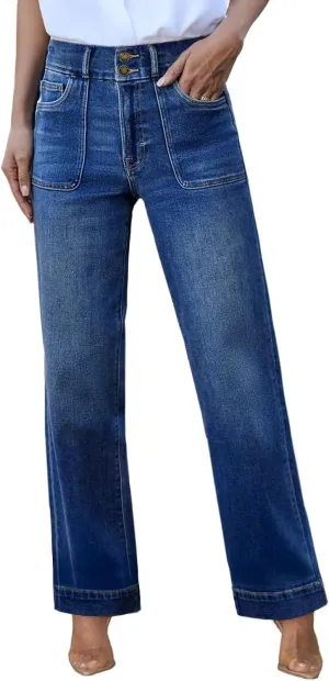 Sidefeel Women's High Waisted Straight Leg Jeans Stretchy Tummy Control Wide Leg Denim Pants with Pockets