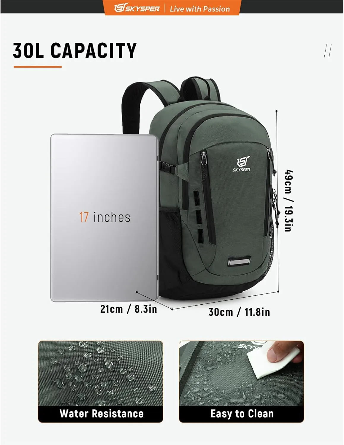 SKYSPER Hiking Backpack 30L Lightweight Travel Backpack Hiking Day Pack for Men Women(Green)