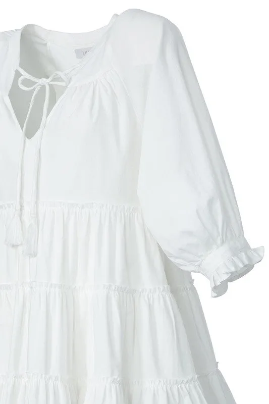 Tassel Front Tie Bubble Sleeve Tiered Mini Dress