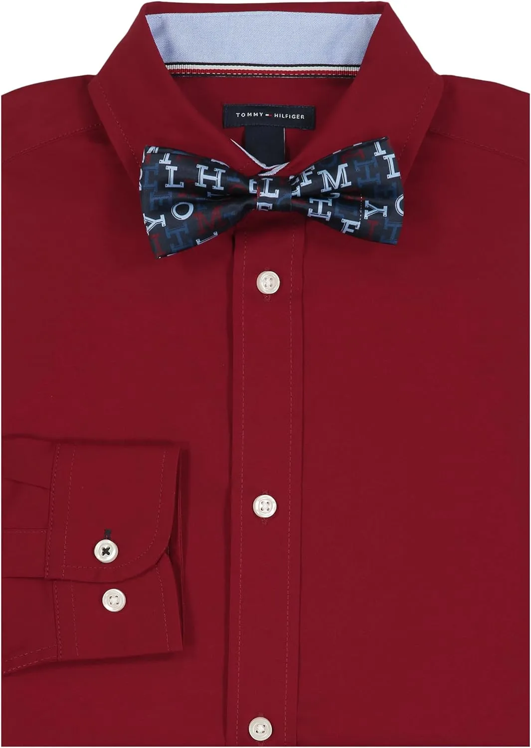 Tommy Hilfiger Boy's Long Sleeve Dress Shirt With Bow Tie, Collared Button-down With Cuff Sleeves