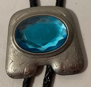 Vintage Metal Bolo Tie, Nice Baby Blue Stone Color Design, Nice Western Design, 1 3/4" x 1 3/4", Quality, Heavy Duty