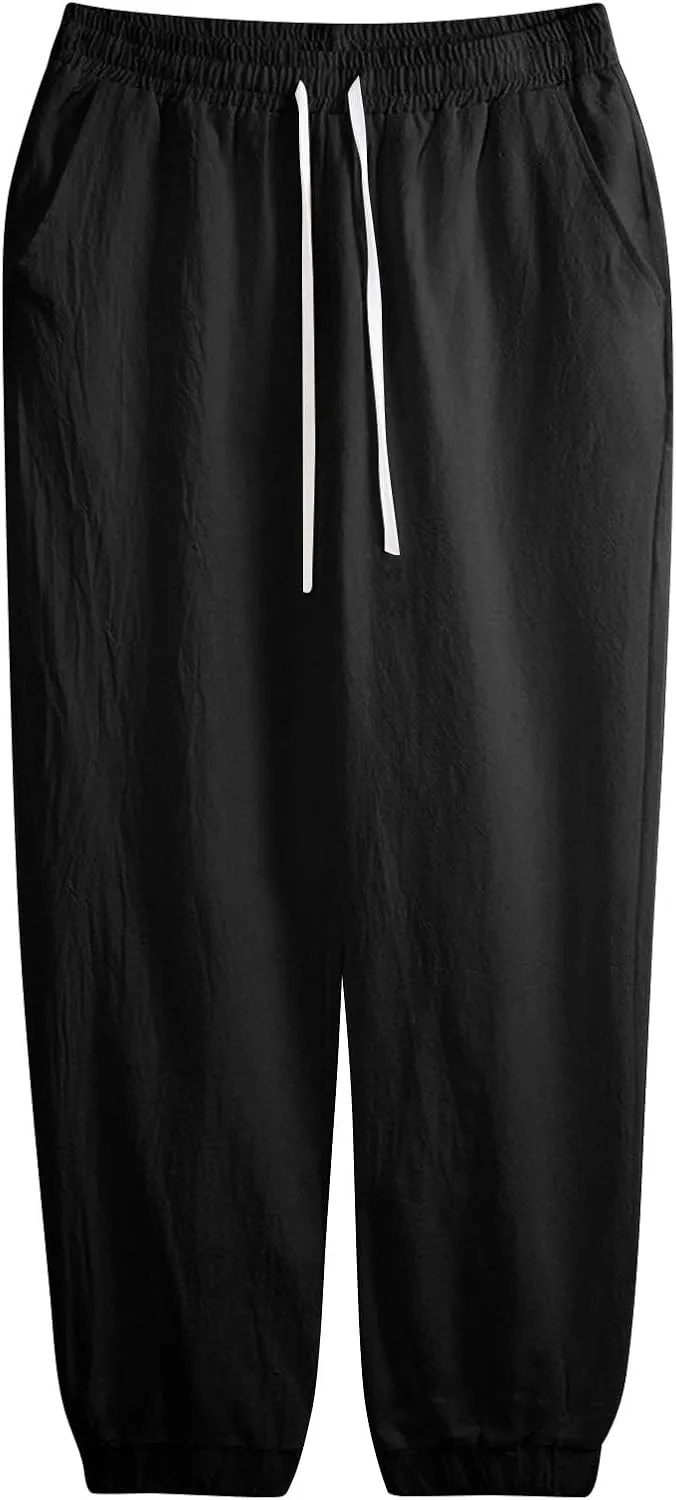 WENKOMG1 Cotton Linen Pants for Men Elastic Waist and Ankle Drawstring Baggy Style Lightweight Breathable Beach Pants
