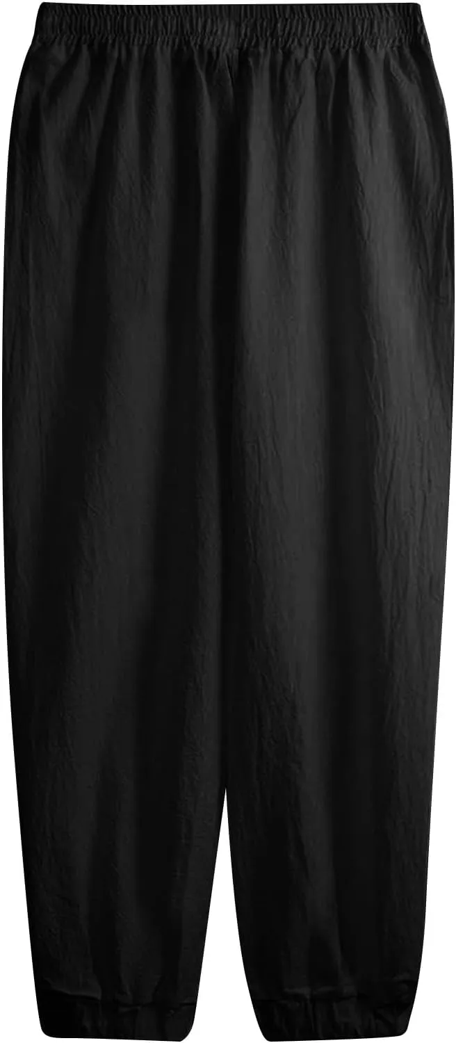 WENKOMG1 Cotton Linen Pants for Men Elastic Waist and Ankle Drawstring Baggy Style Lightweight Breathable Beach Pants