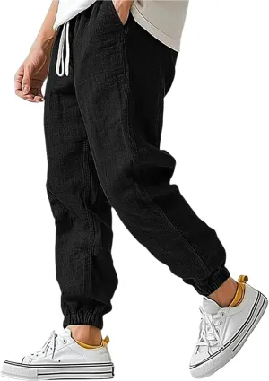 WENKOMG1 Cotton Linen Pants for Men Elastic Waist and Ankle Drawstring Baggy Style Lightweight Breathable Beach Pants