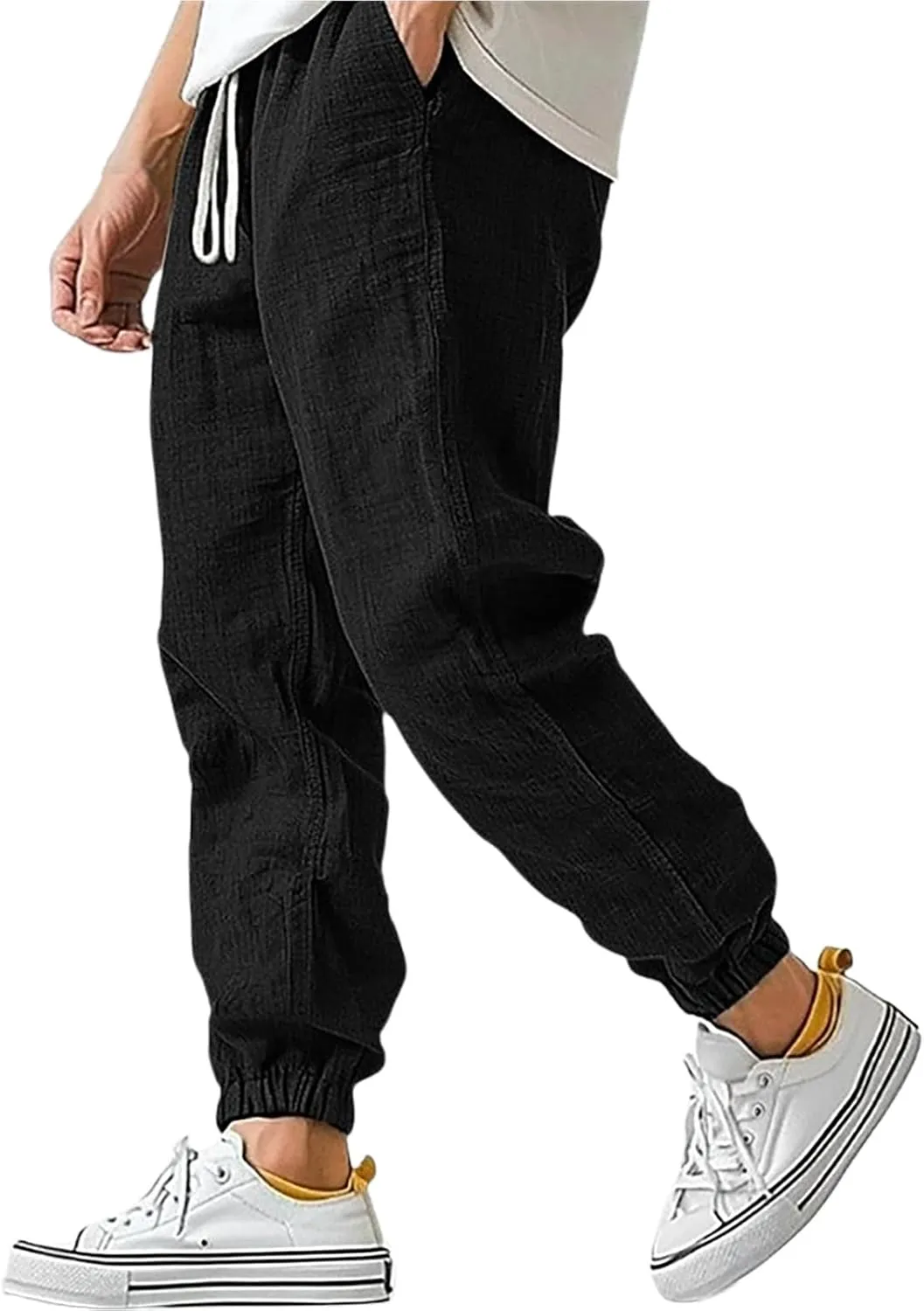 WENKOMG1 Cotton Linen Pants for Men Elastic Waist and Ankle Drawstring Baggy Style Lightweight Breathable Beach Pants