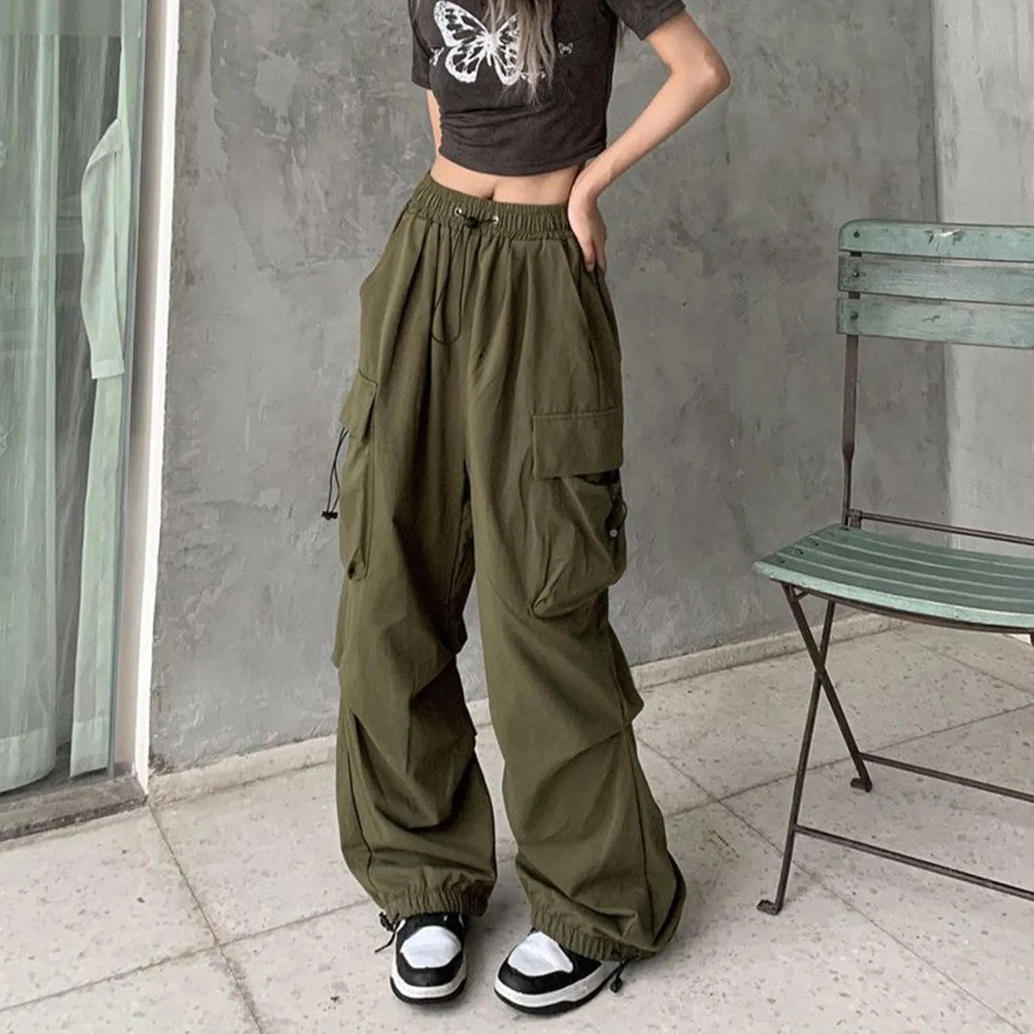 Womens Cargo Pants High Waist Baggy Relaxed Fit Trousers with Pockets Loose Jogger Goth Grunge Y2K Clothes