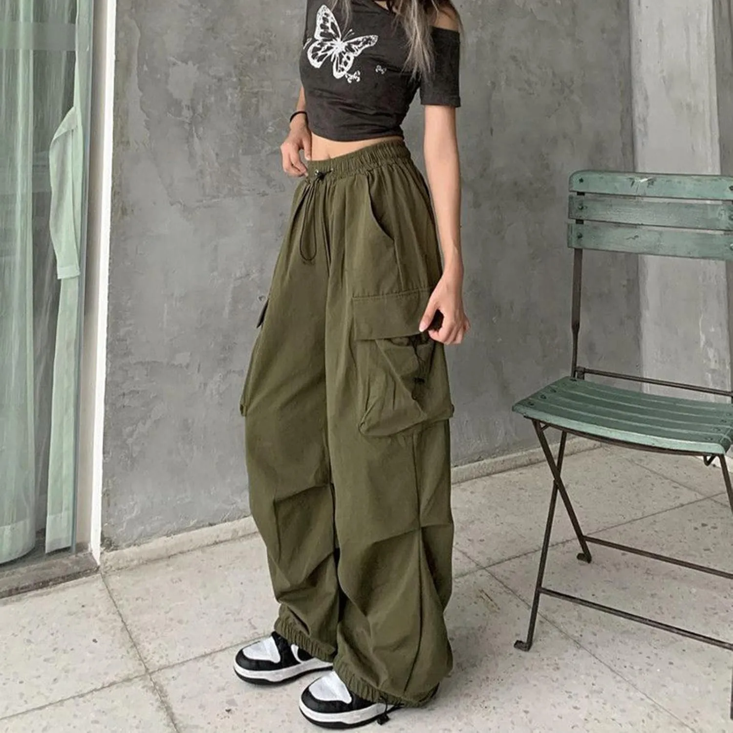 Womens Cargo Pants High Waist Baggy Relaxed Fit Trousers with Pockets Loose Jogger Goth Grunge Y2K Clothes