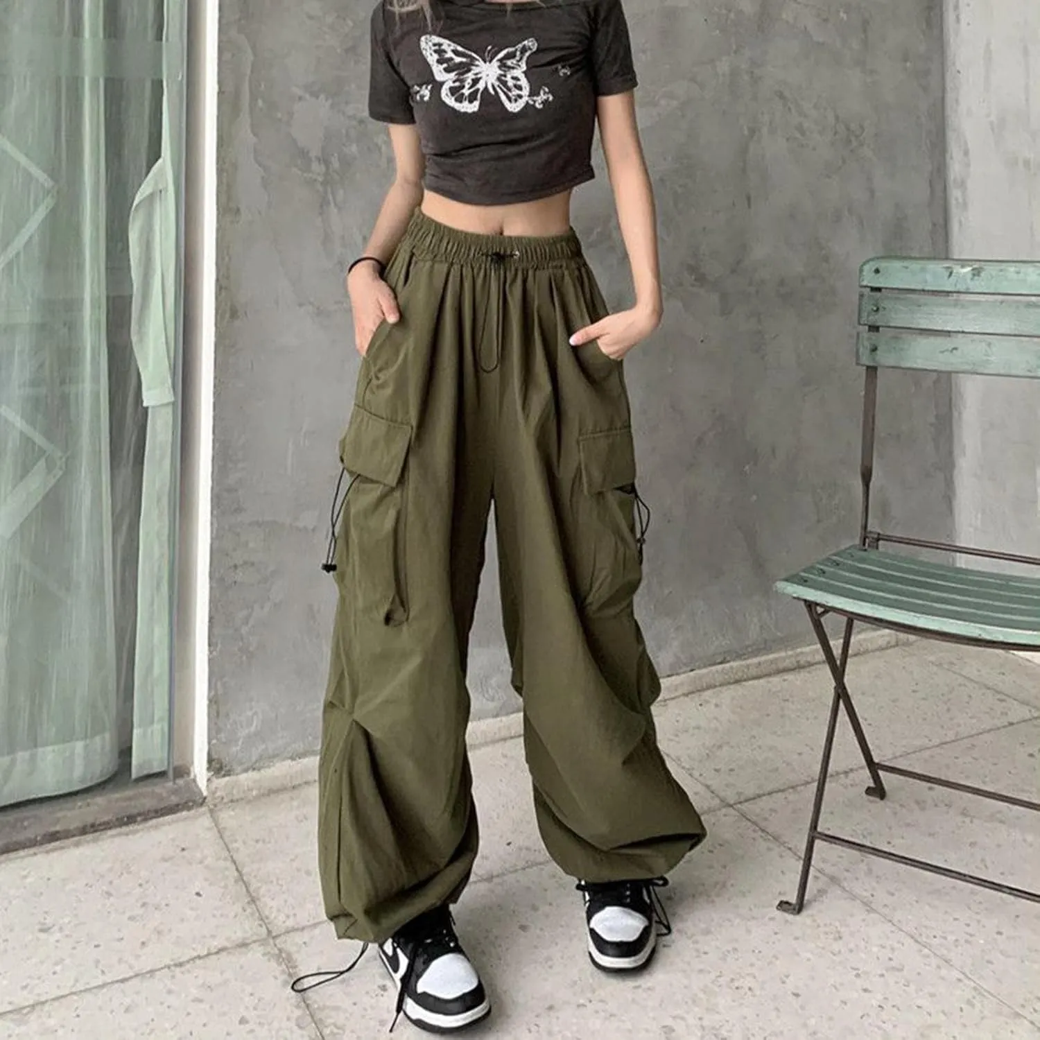 Womens Cargo Pants High Waist Baggy Relaxed Fit Trousers with Pockets Loose Jogger Goth Grunge Y2K Clothes