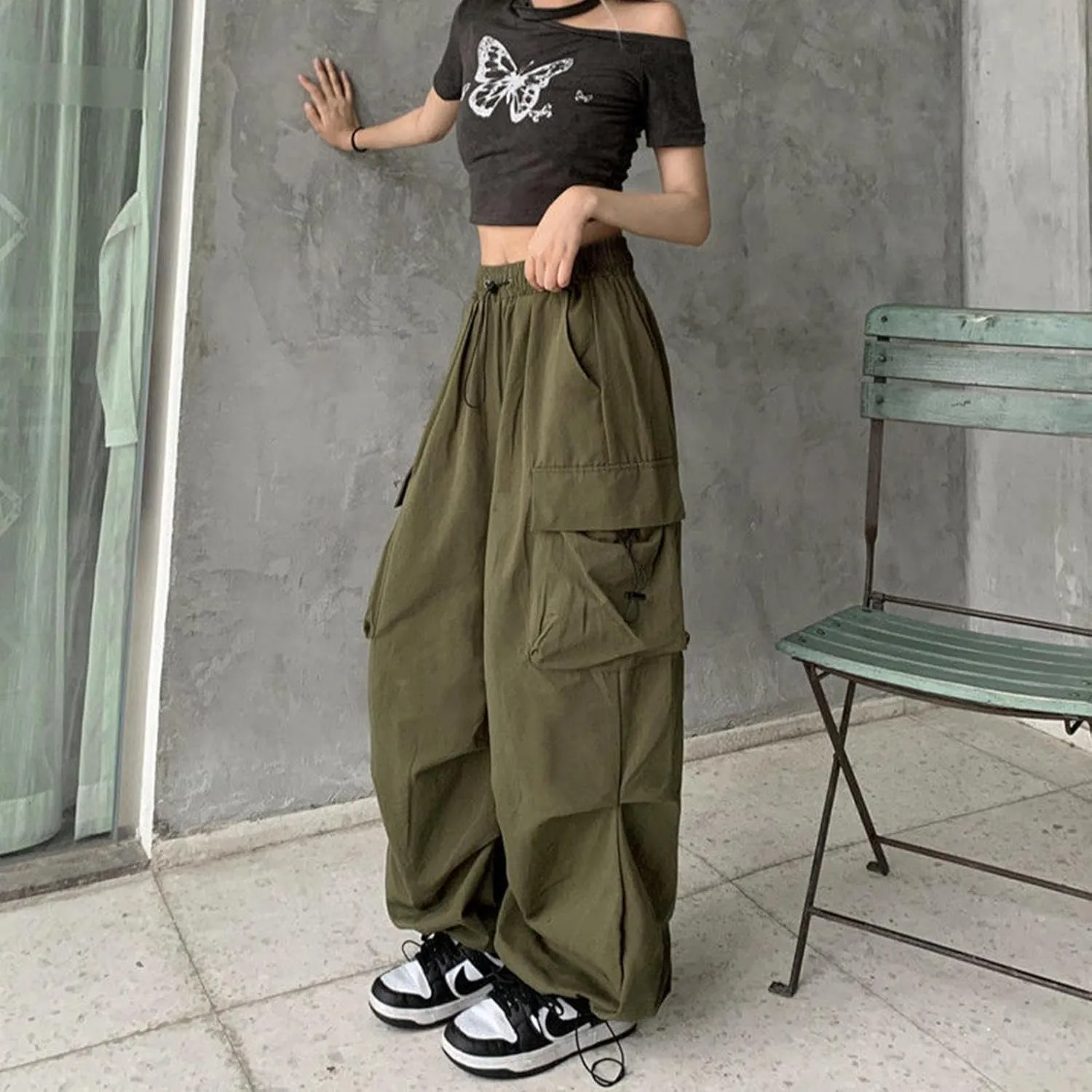 Womens Cargo Pants High Waist Baggy Relaxed Fit Trousers with Pockets Loose Jogger Goth Grunge Y2K Clothes