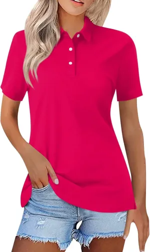 Womens Polo Tees Short Sleeve Casual Loose V Neck Button Down Business Work Shirts Summer Spring Tops
