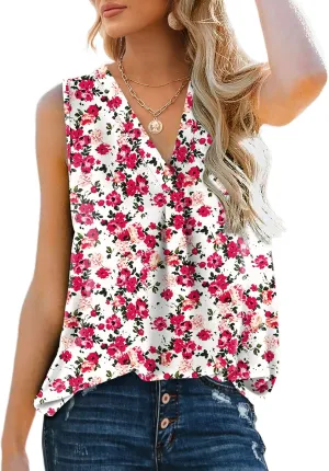 XIEERDUO Women's V Neck Chiffon Tank Top Sleeveless Work Office Pleated Blouses Tops