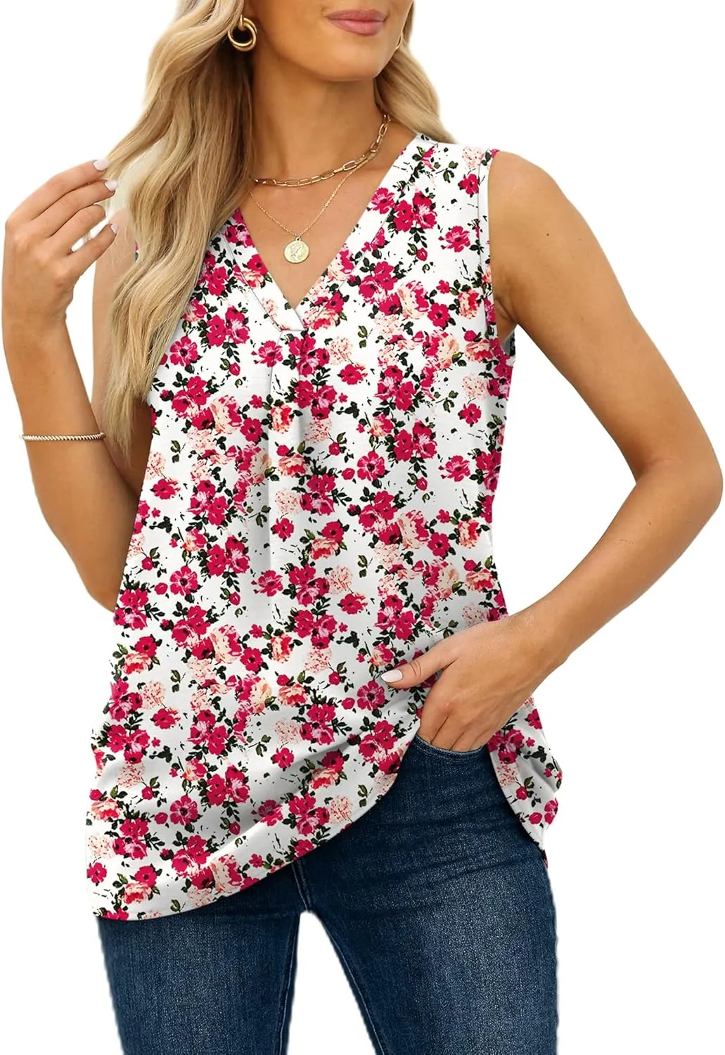 XIEERDUO Women's V Neck Chiffon Tank Top Sleeveless Work Office Pleated Blouses Tops