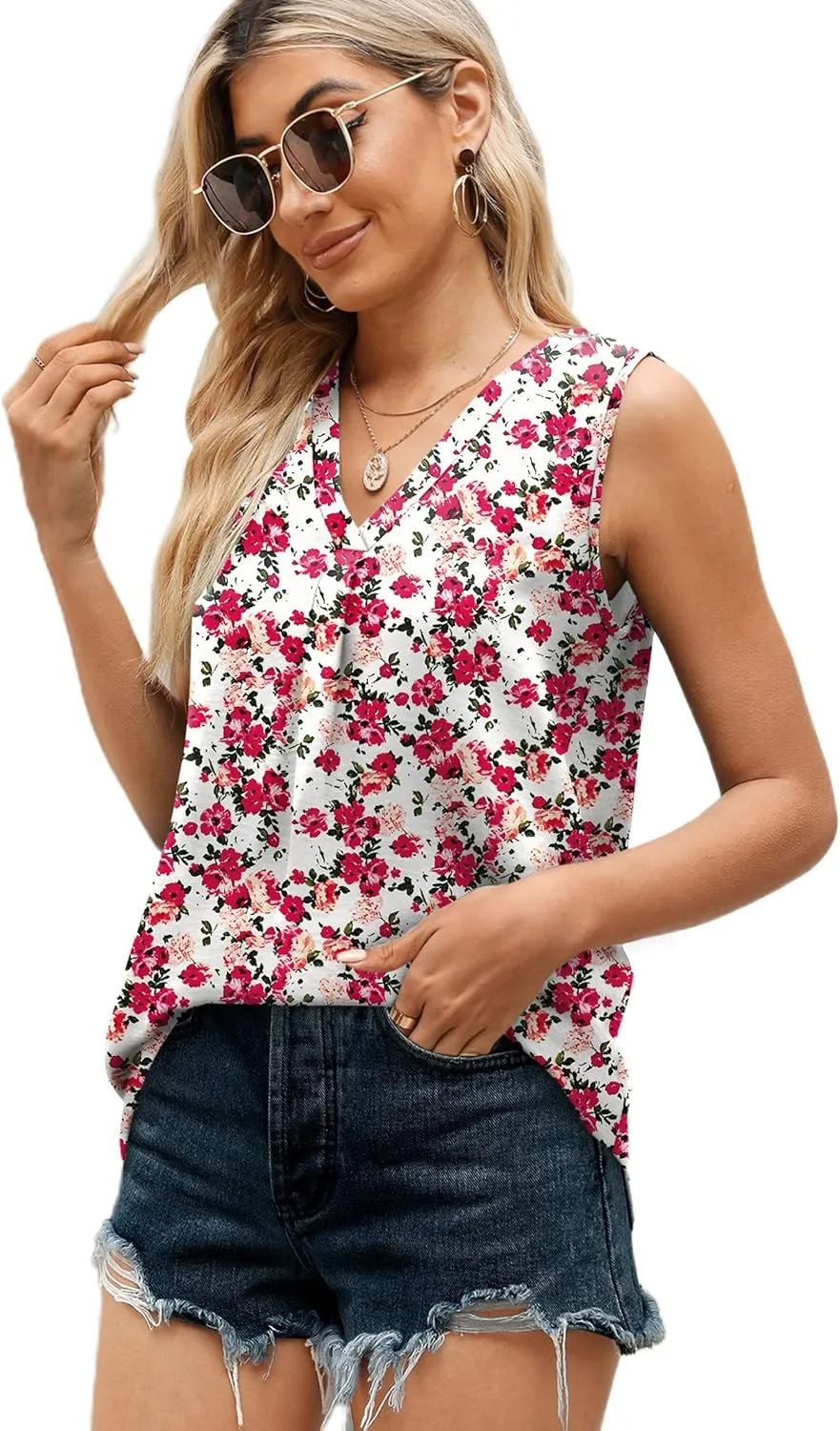 XIEERDUO Women's V Neck Chiffon Tank Top Sleeveless Work Office Pleated Blouses Tops